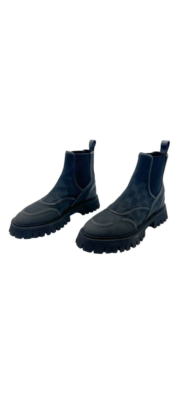GUCCI Novo GG Monogram Chelsea Combat Boots Size 39 Black Canvas Lug Sole